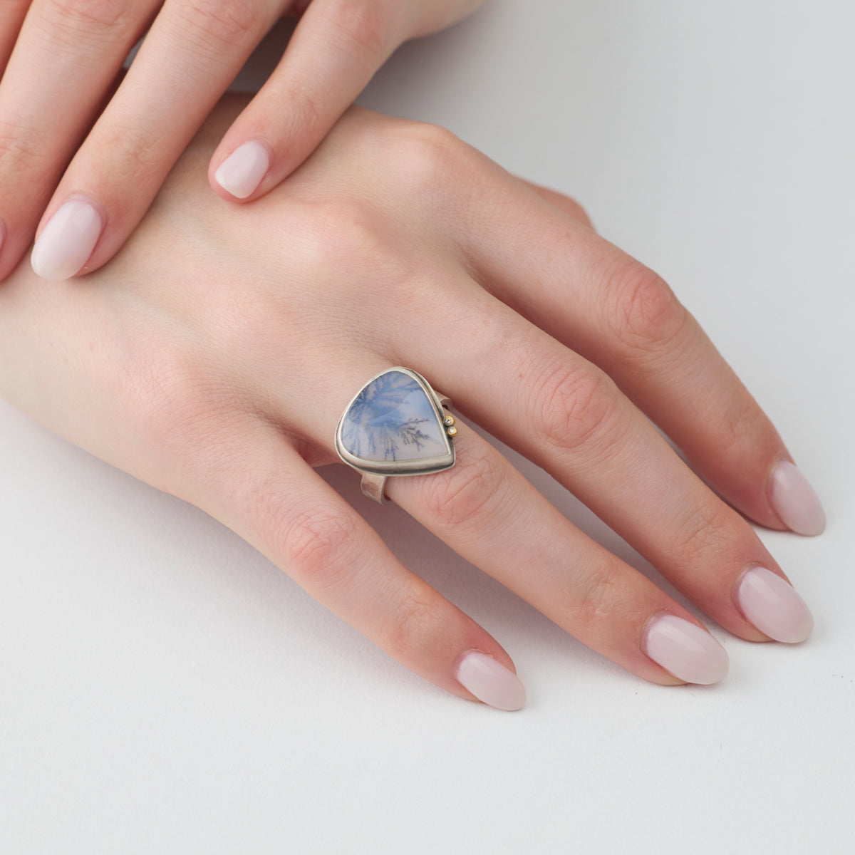 Glossy Dendritic Agate Ring with Diamonds
