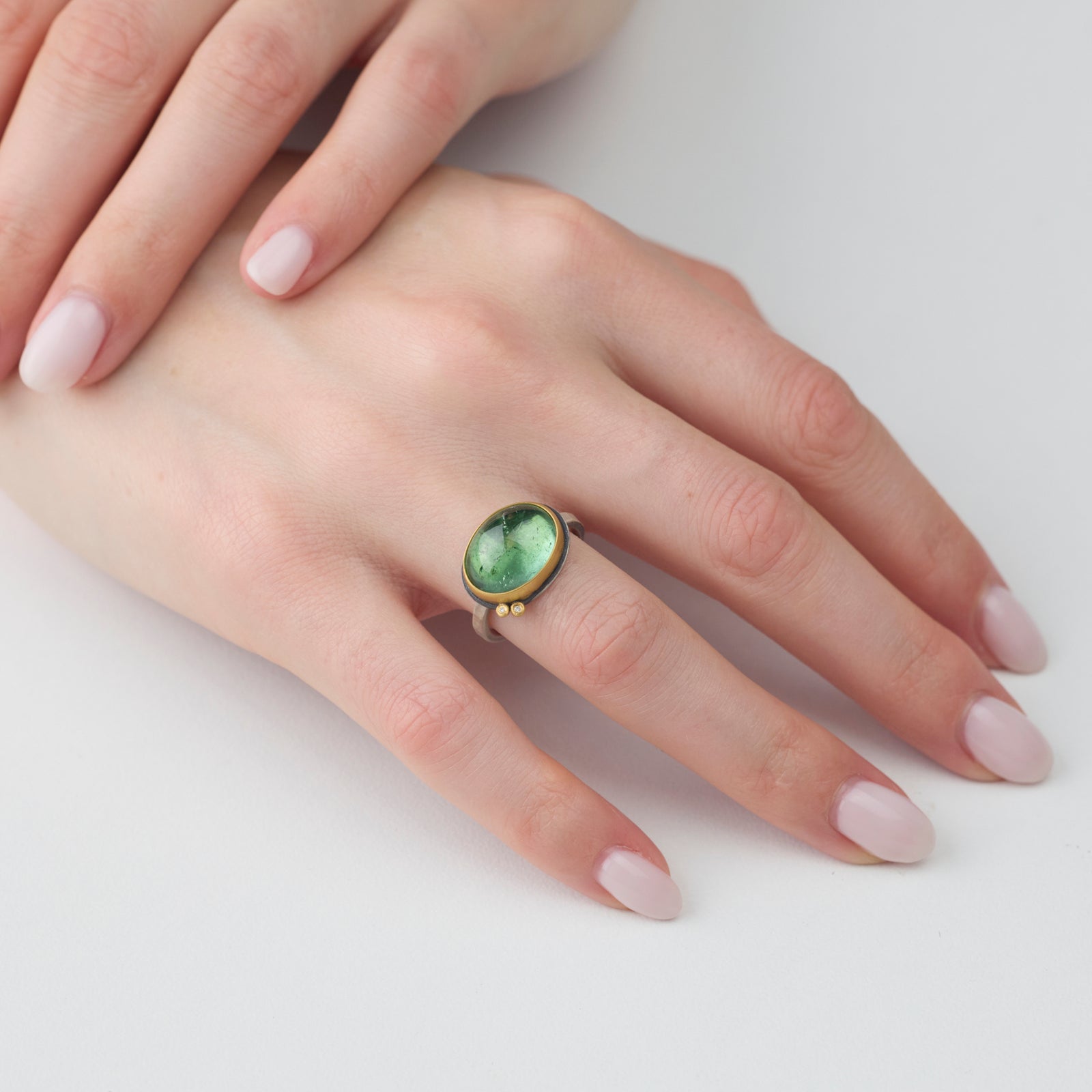 Green Tourmaline Ring with Diamond Dots