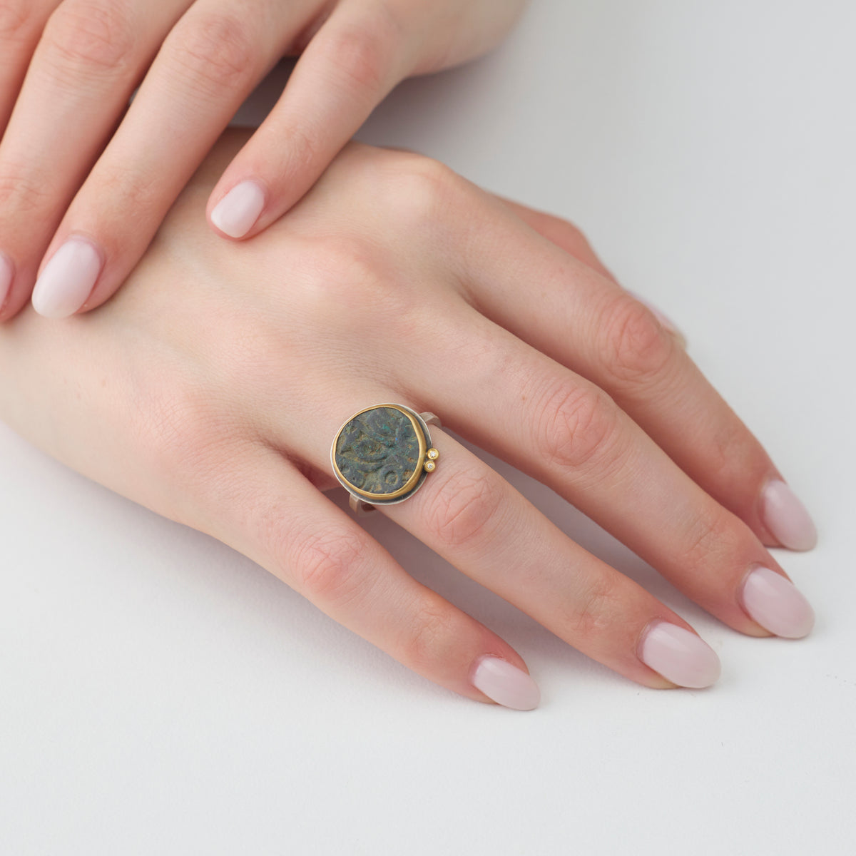 Ancient Indian Coin Ring with Two Diamonds