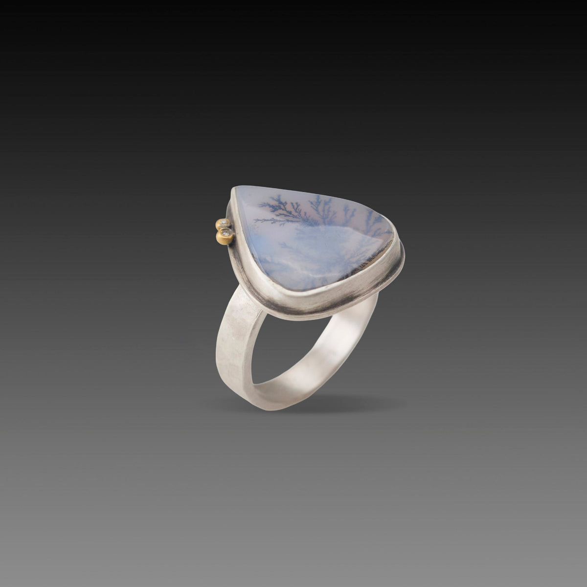 Glossy Dendritic Agate Ring with Diamonds