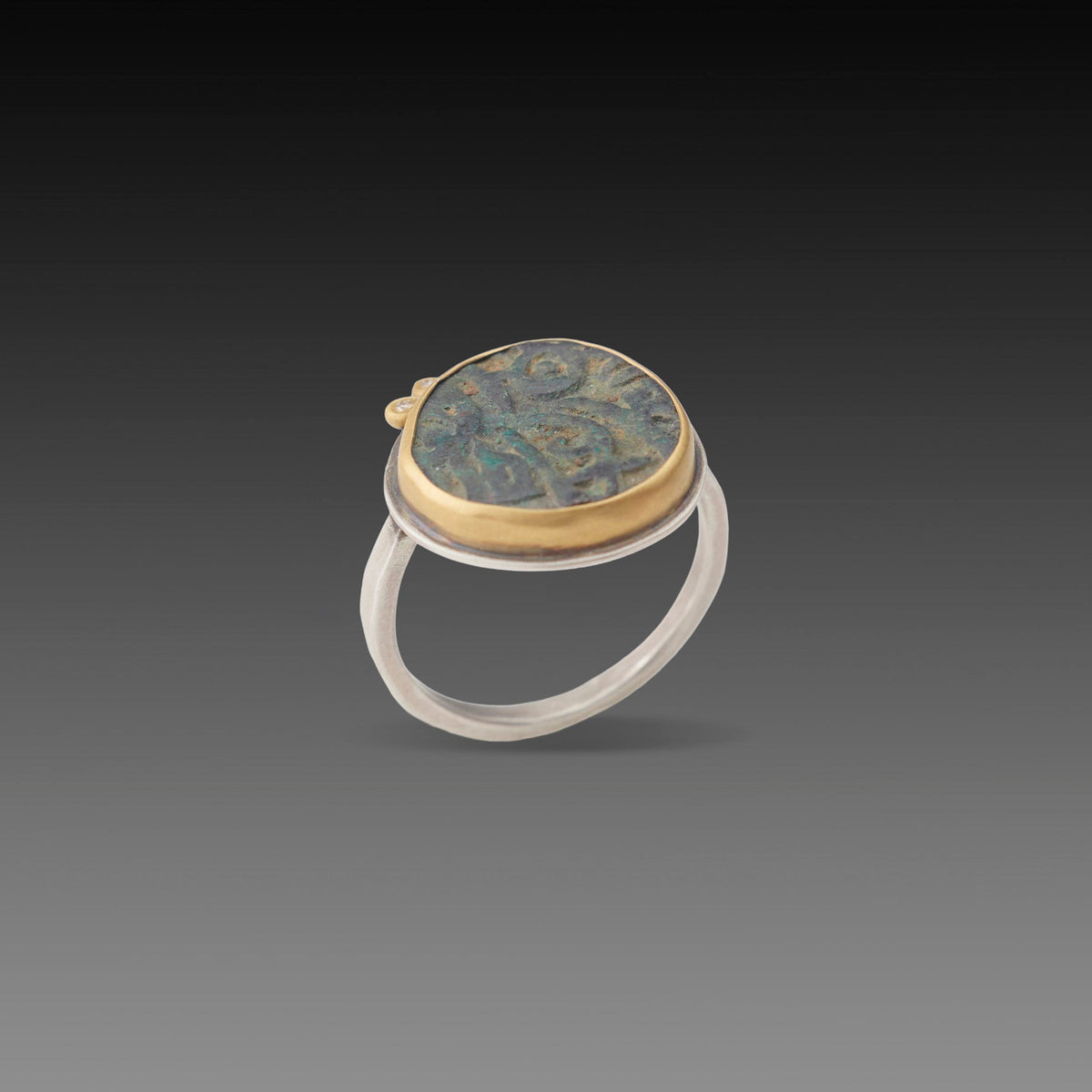 Ancient Indian Coin Ring with Two Diamonds