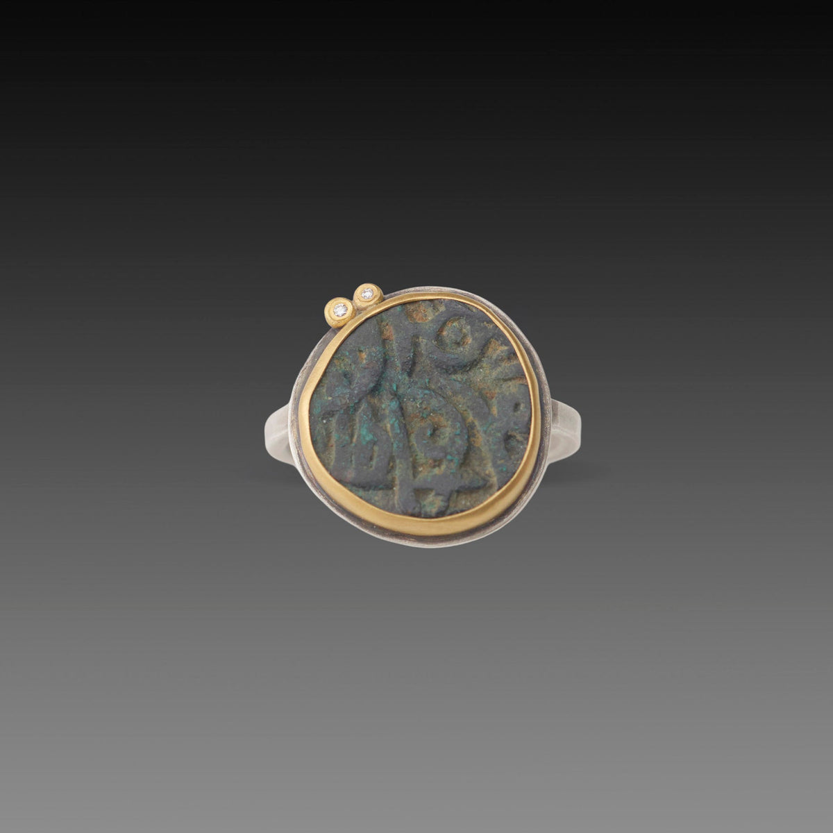 Ancient Indian Coin Ring with Two Diamonds