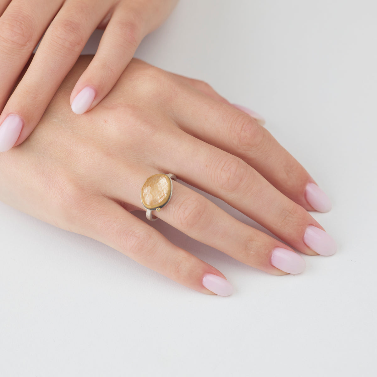 Rutilated Quartz Ring with Diamond Dot