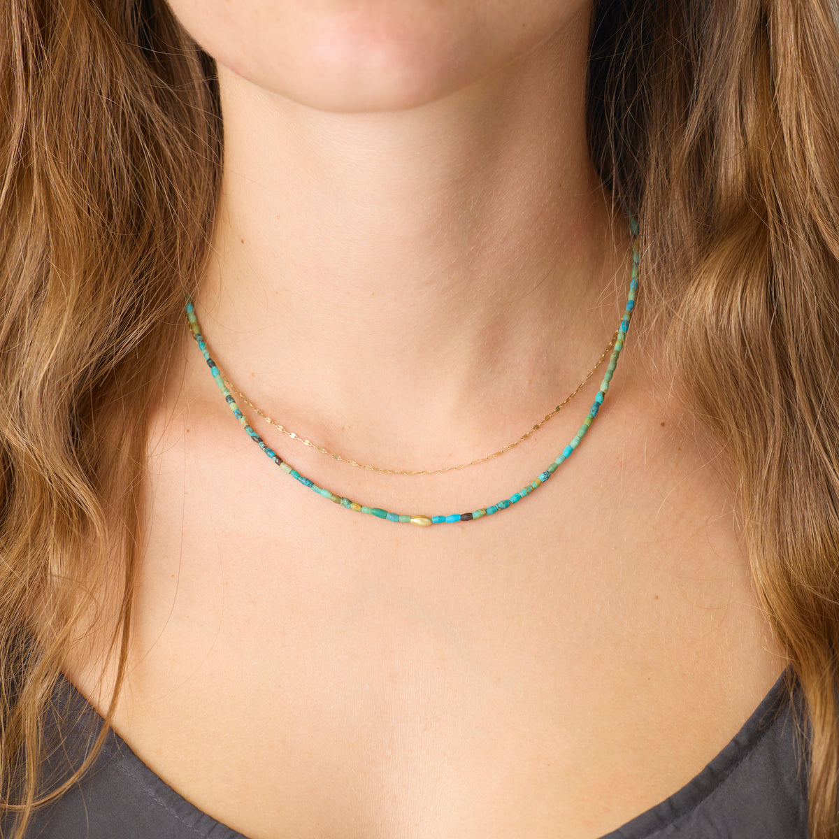 Turquoise Necklace with Gold Rice Bead