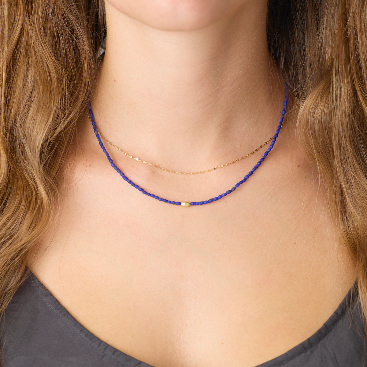 Lapis Necklace with Gold Rice Bead