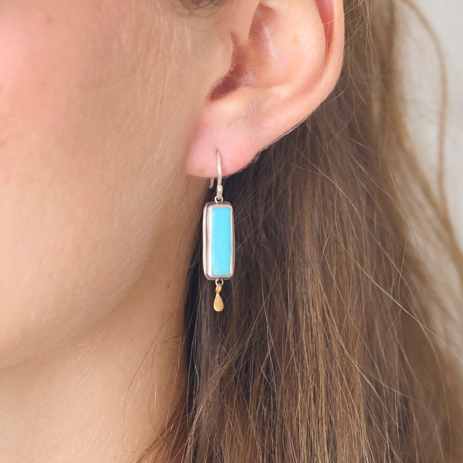 Rectangular Turquoise Earrings with Gold Drops