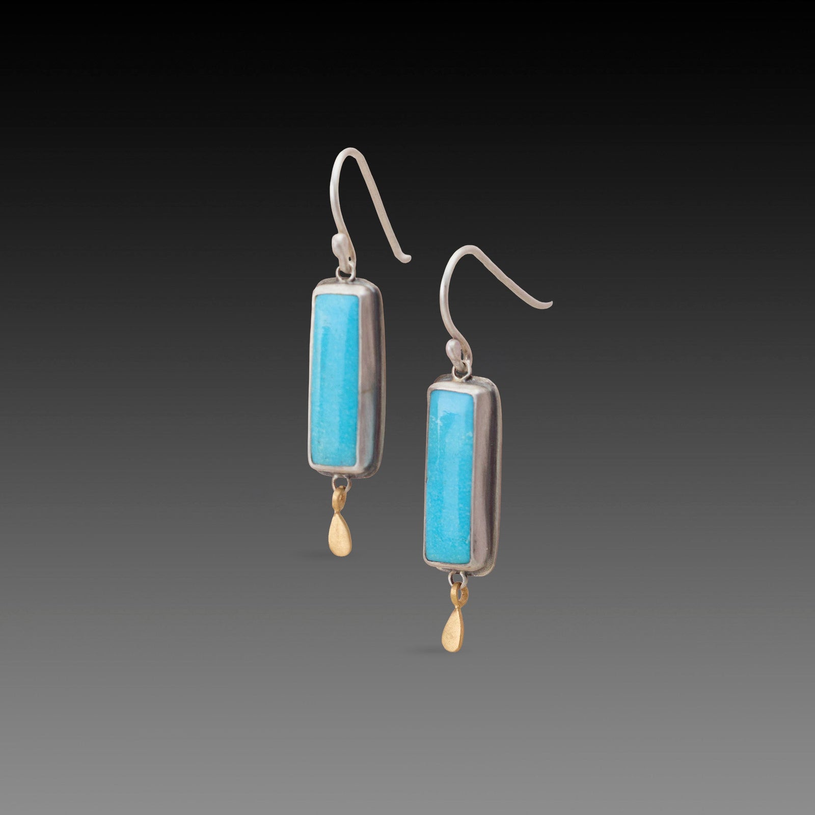 Rectangular Turquoise Earrings with Gold Drops