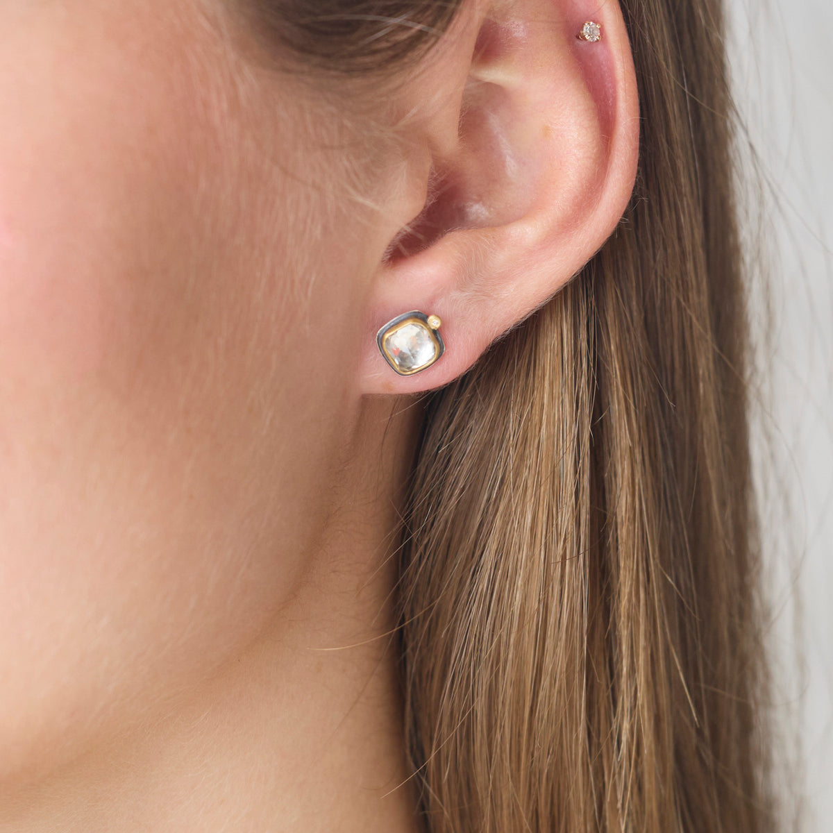 White Topaz Stud Earrings with Diamond Dot