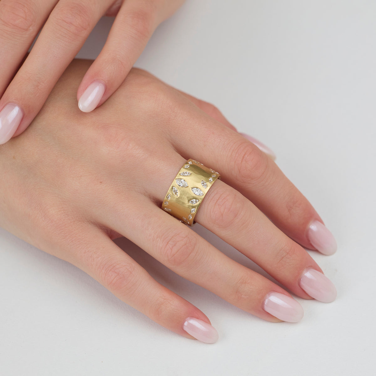 Wide Hammered Band with Marquis Diamonds