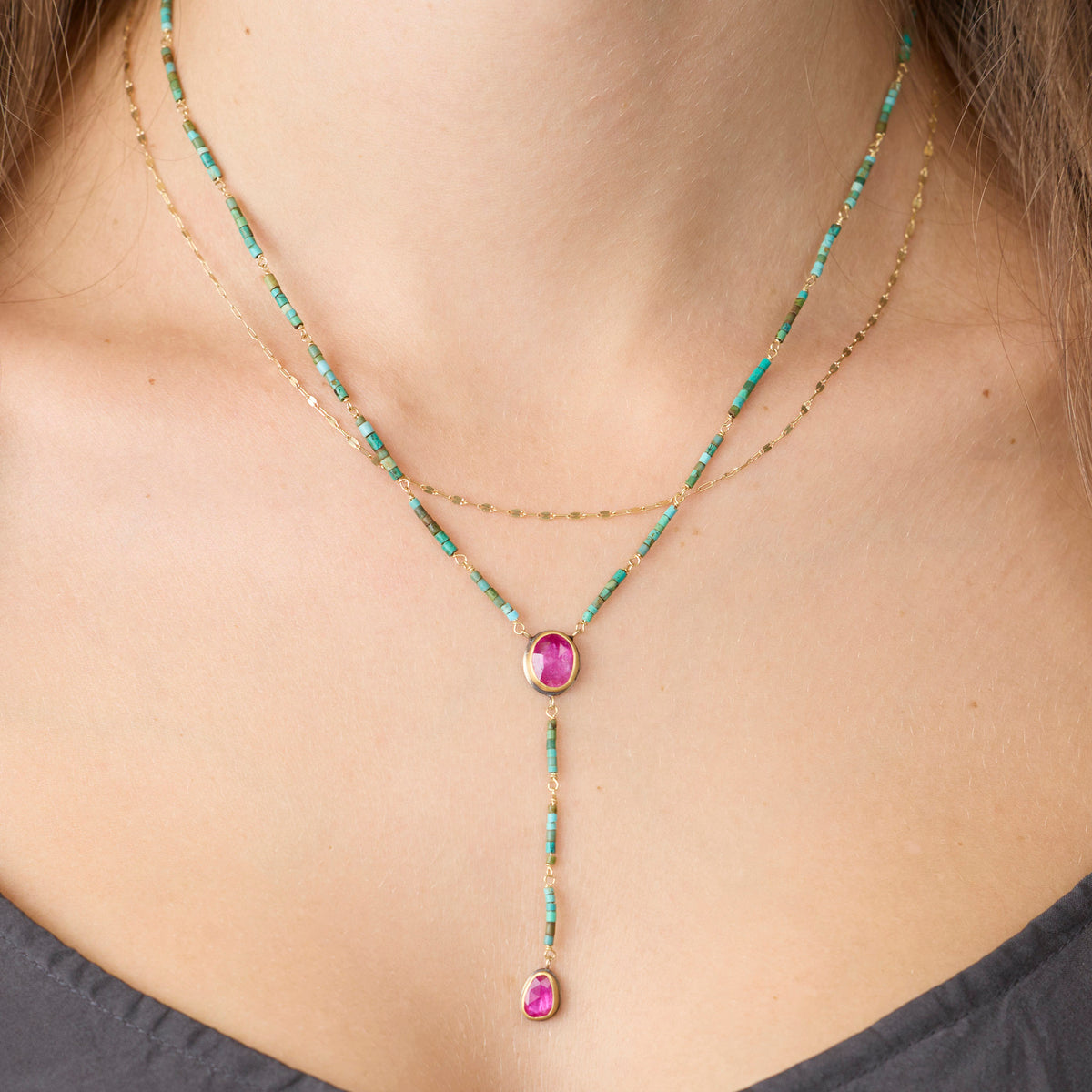 Turquoise and Ruby Drop Necklace