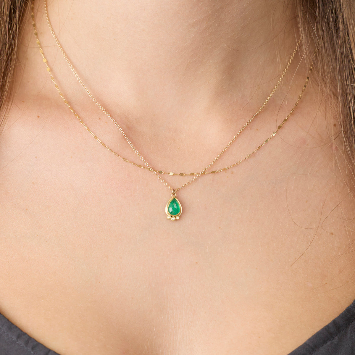 Teardrop Emerald Necklace with Diamond Trio