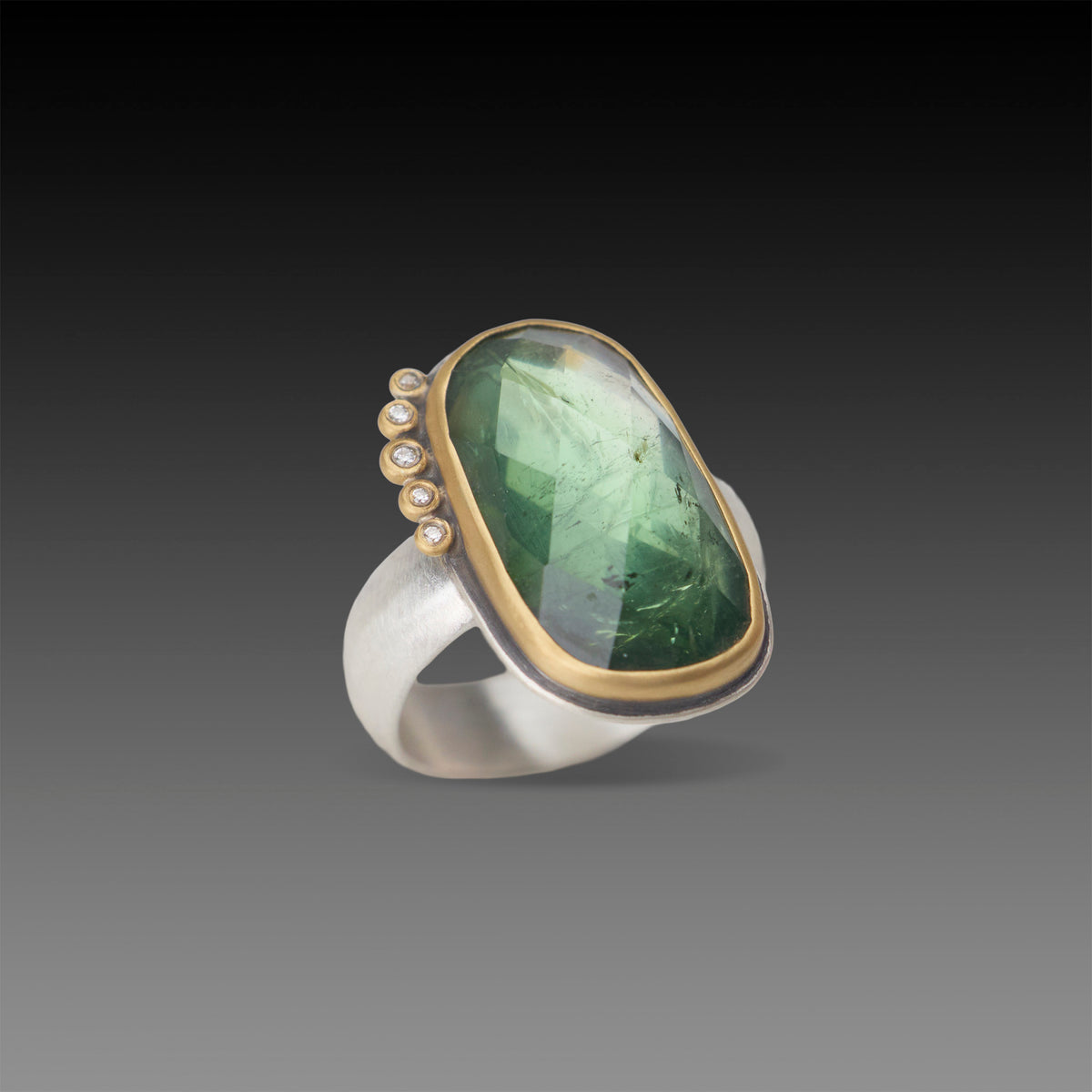 Green Tourmaline Ring with Diamond Arc