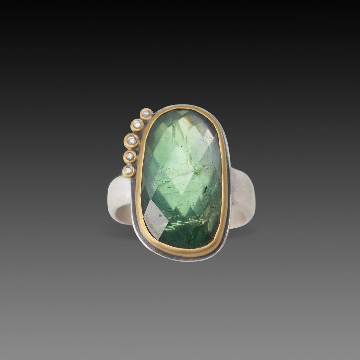 Green Tourmaline Ring with Diamond Arc