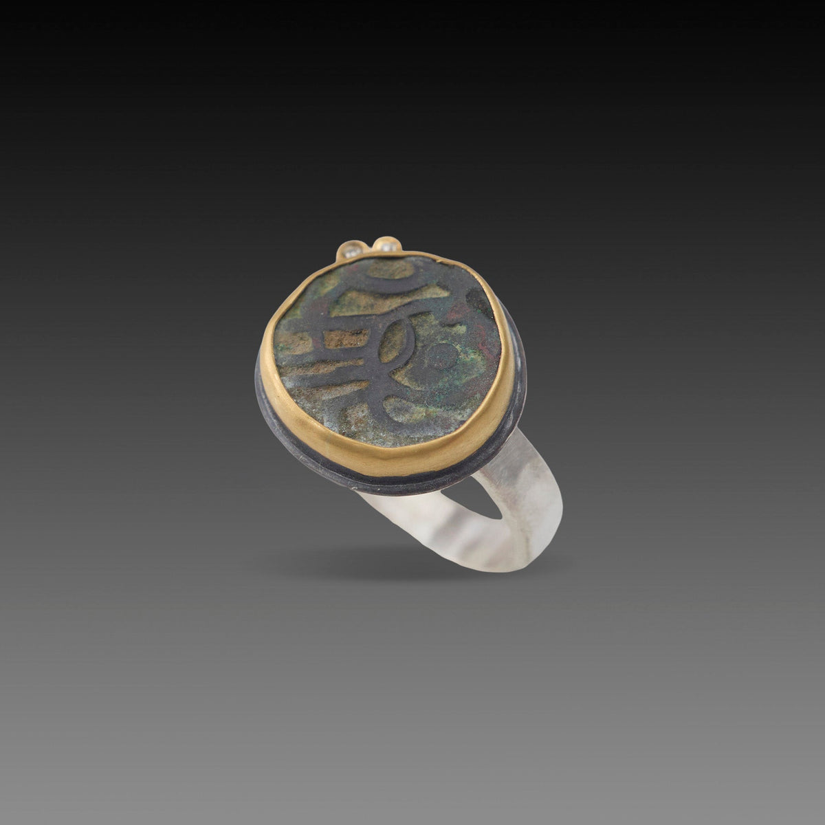 Ancient Indian Coin Ring with Two Diamonds