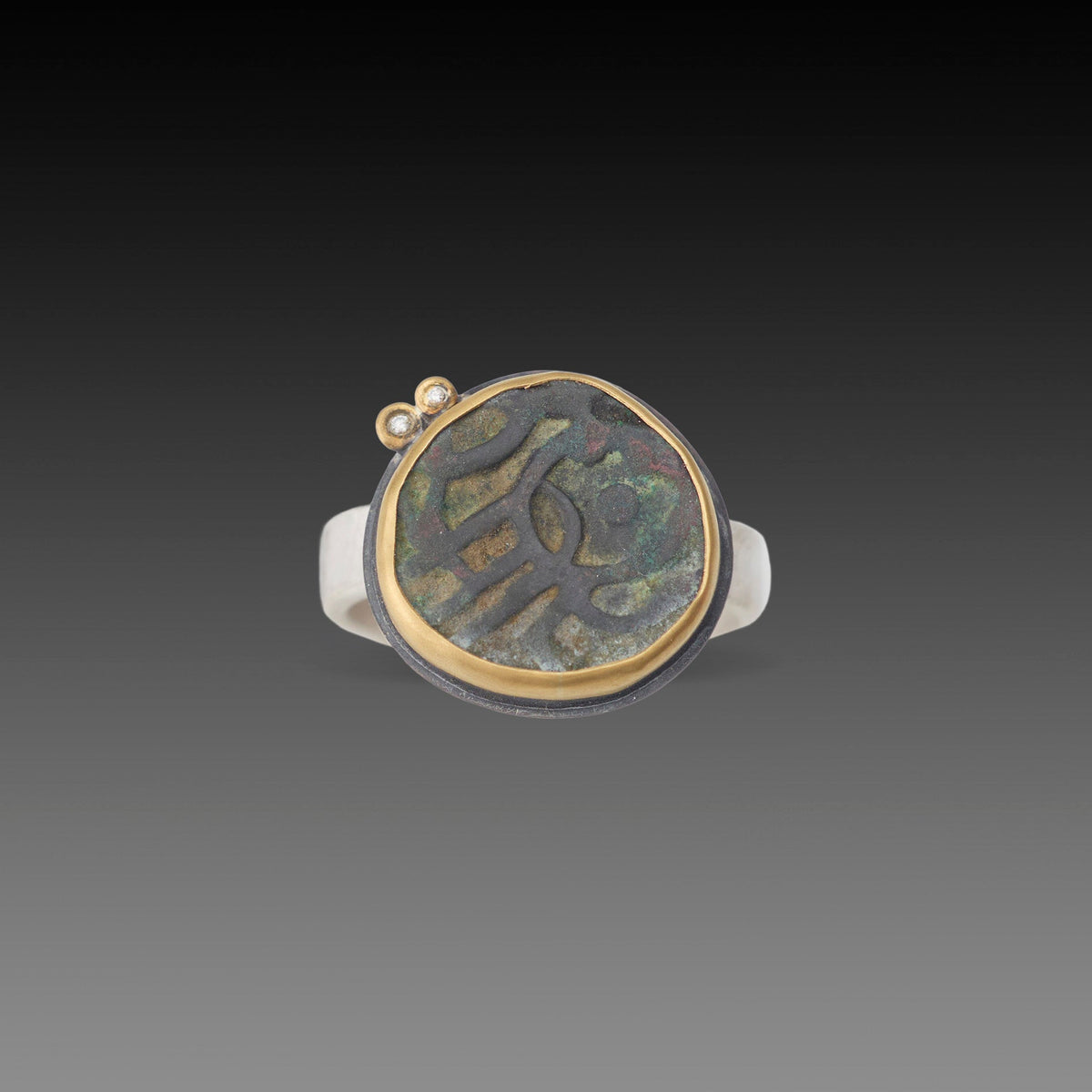 Ancient Indian Coin Ring with Two Diamonds