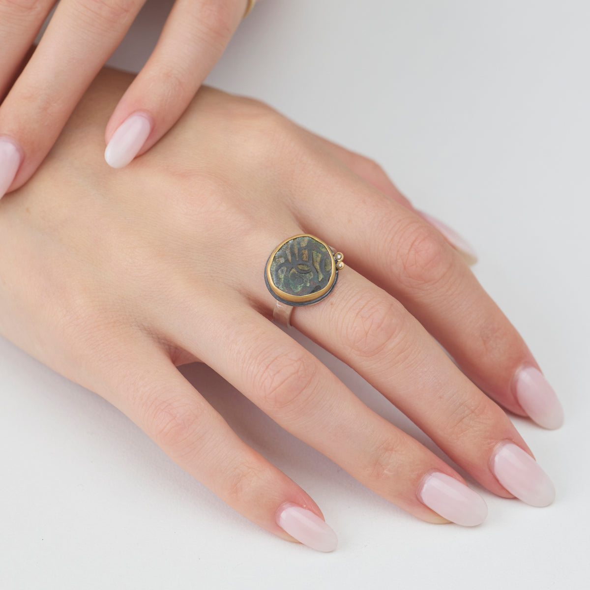 Ancient Indian Coin Ring with Two Diamonds
