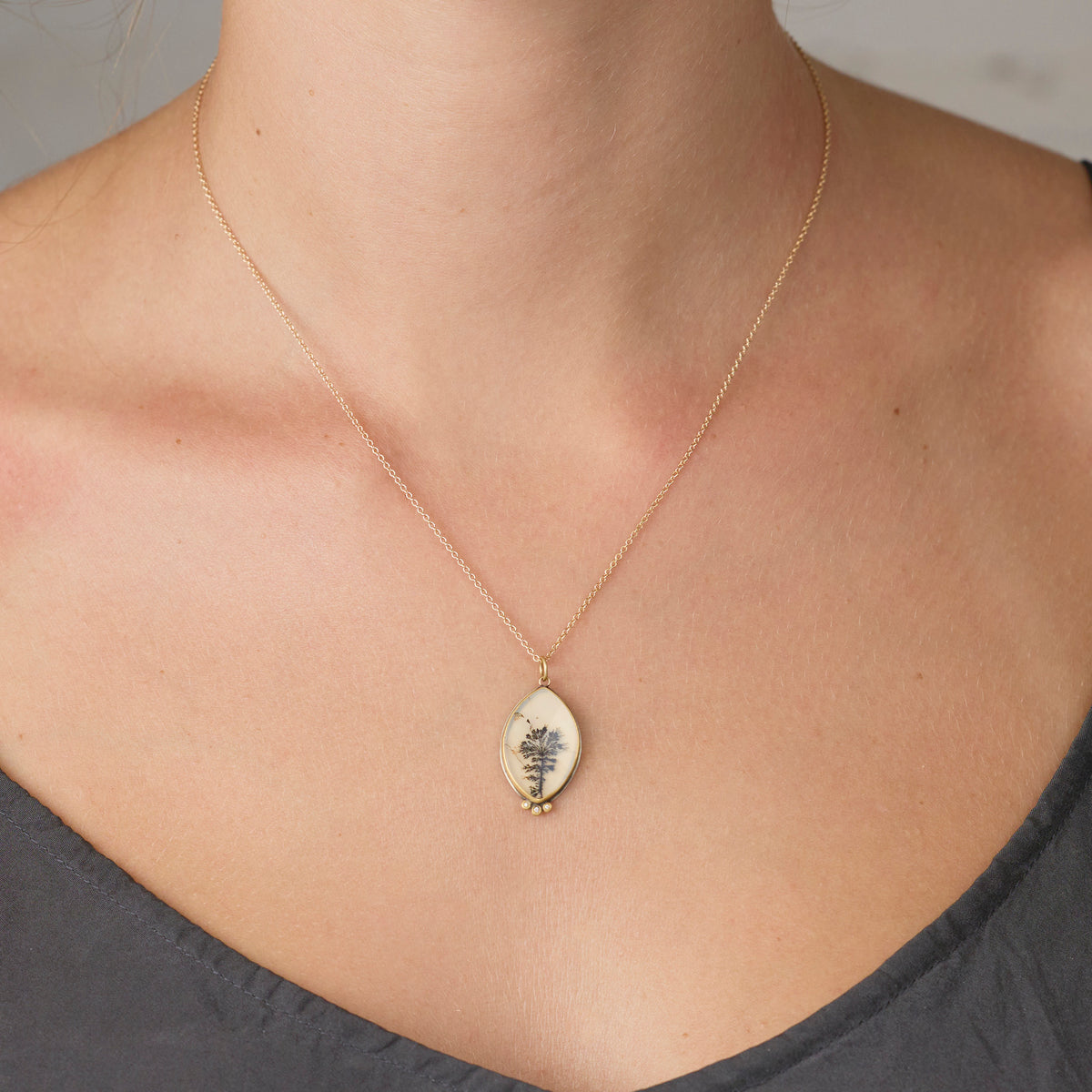 Dendritic Agate Necklace with Diamond Trio