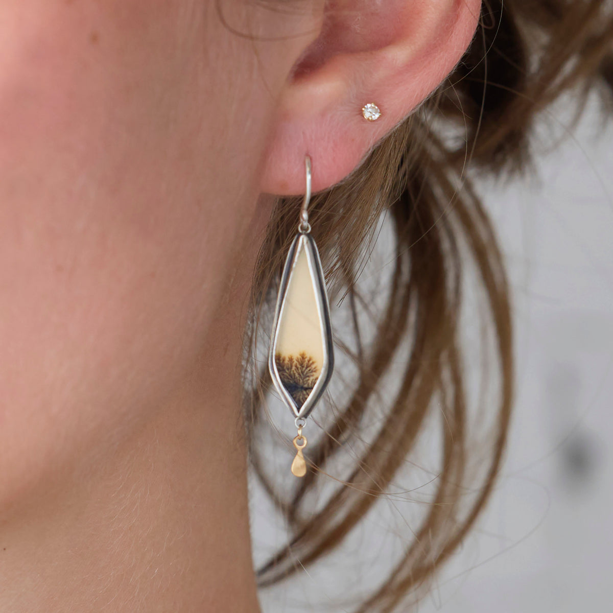 Dendritic Agate Earrings with Gold Drops
