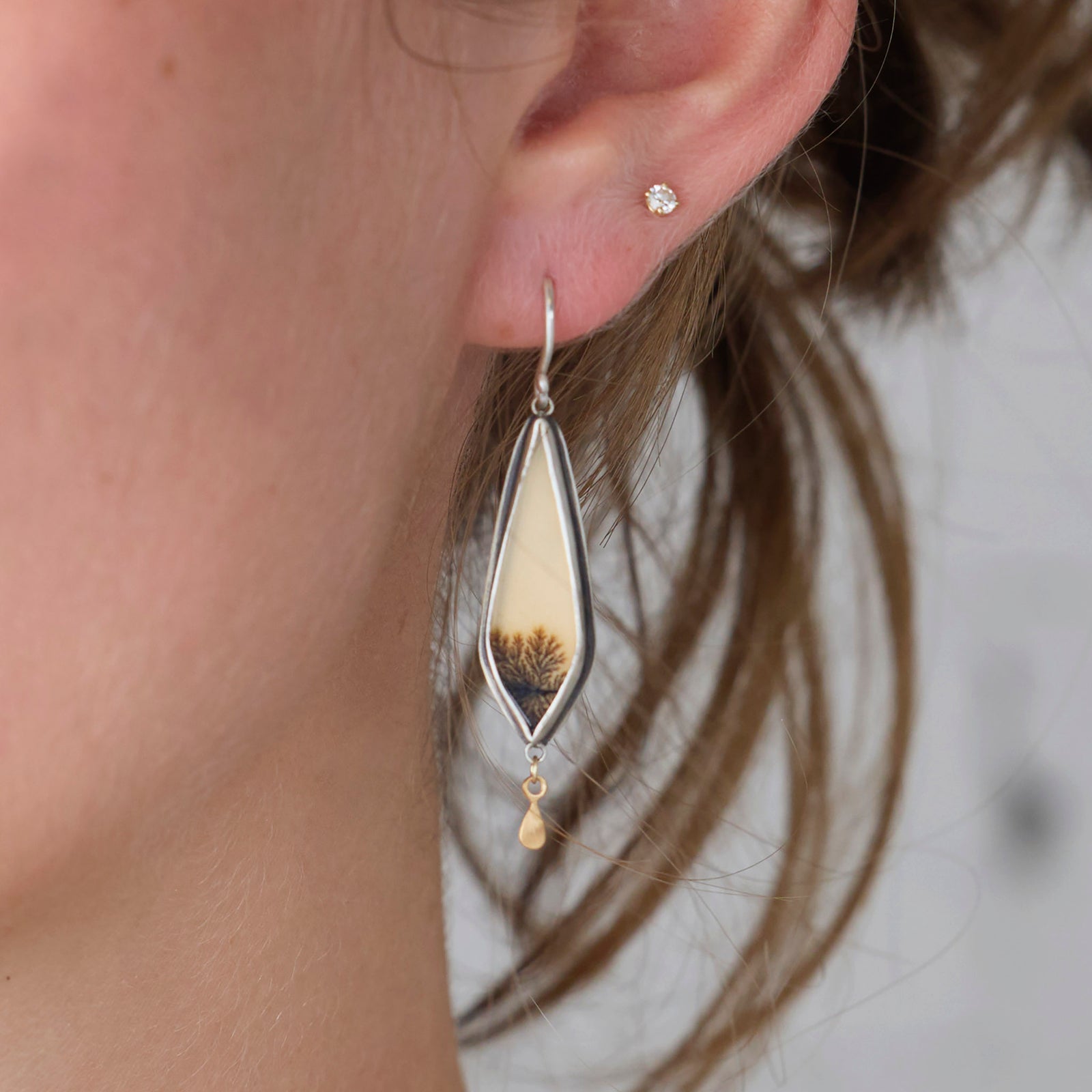 Dendritic Agate Earrings with Gold Drops