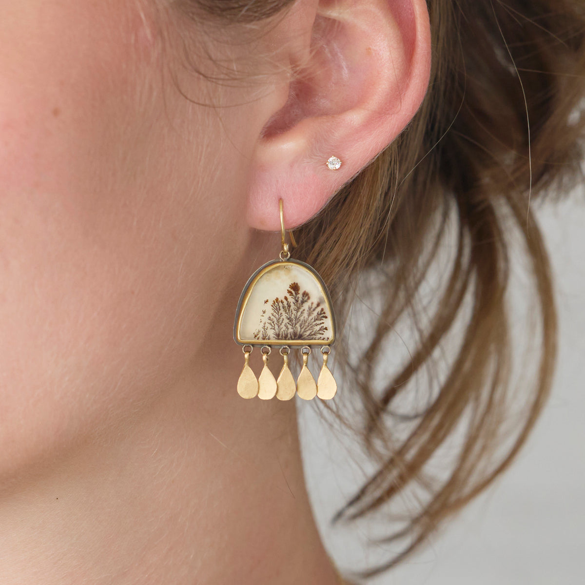 Dendritic Agate Arch Earrings with Gold Fringe