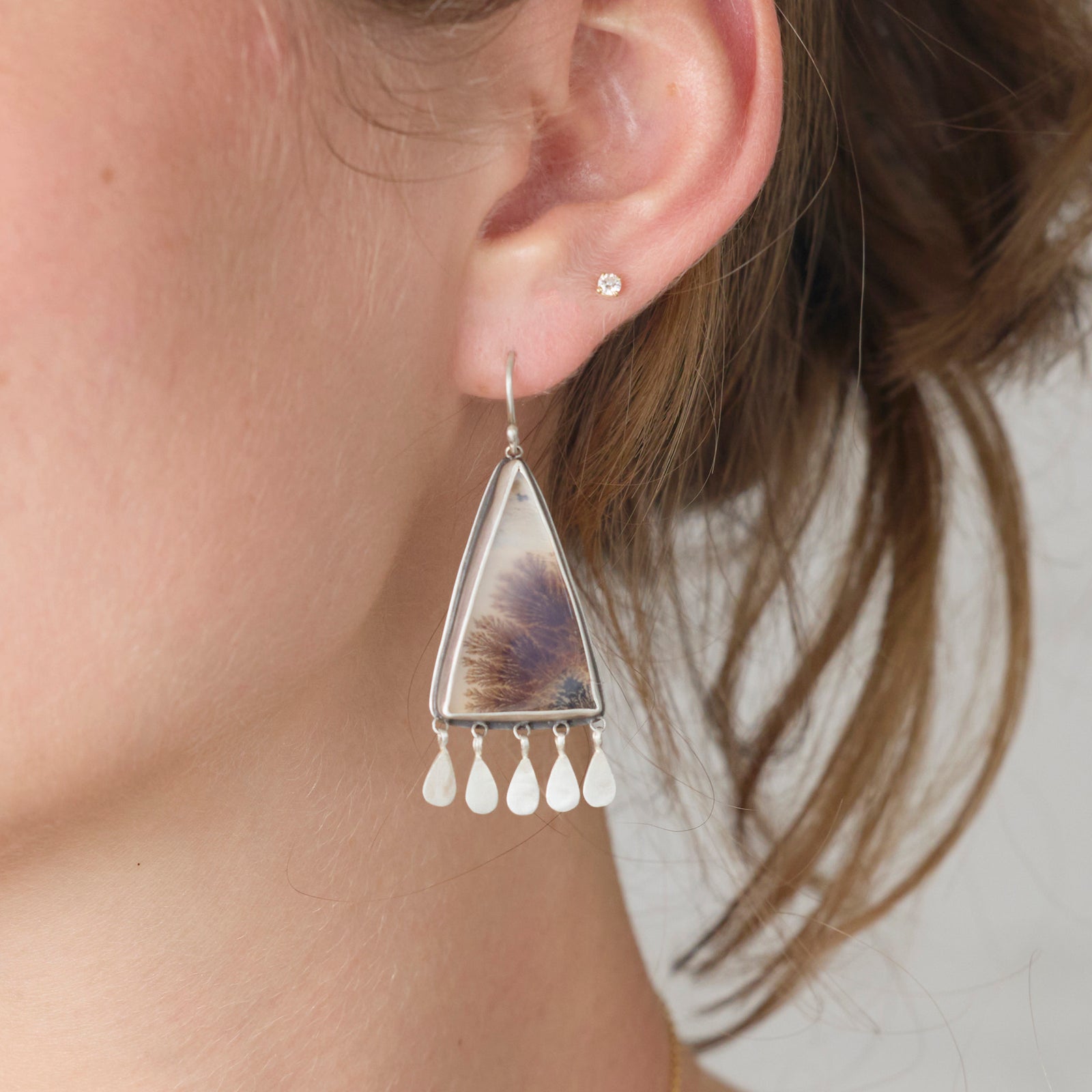 Dendritic Agate Earrings with Sterling Fringe
