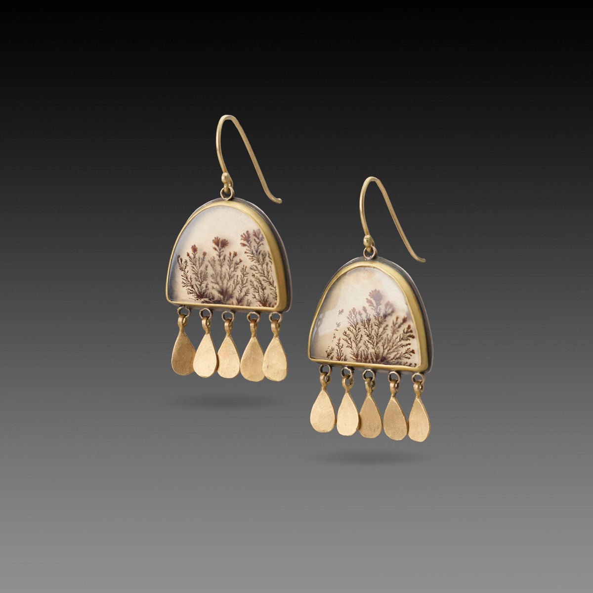 Dendritic Agate Arch Earrings with Gold Fringe