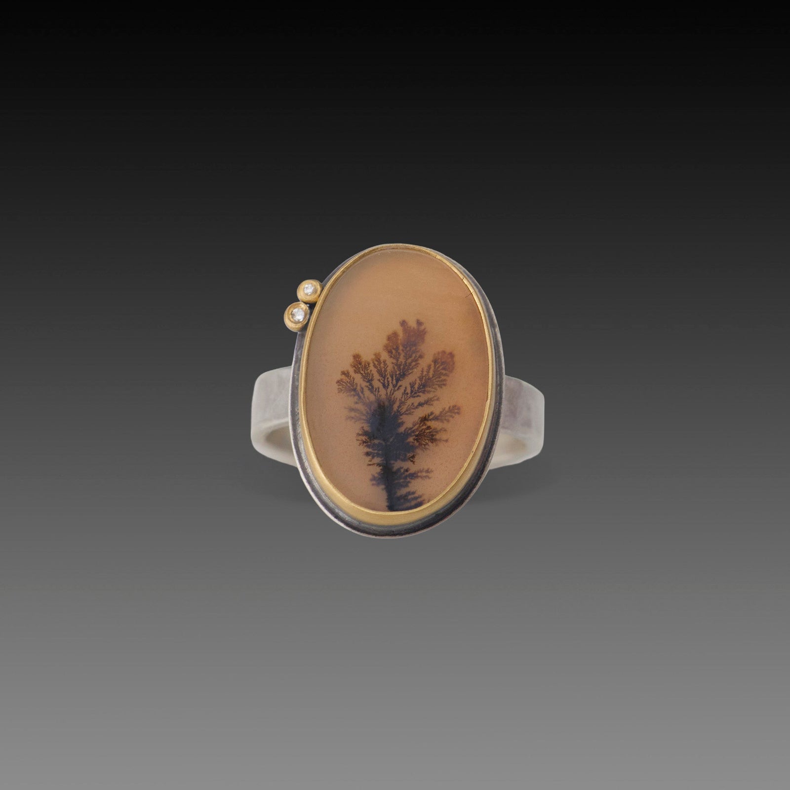 Dendritic Agate Ring with Diamond Duo