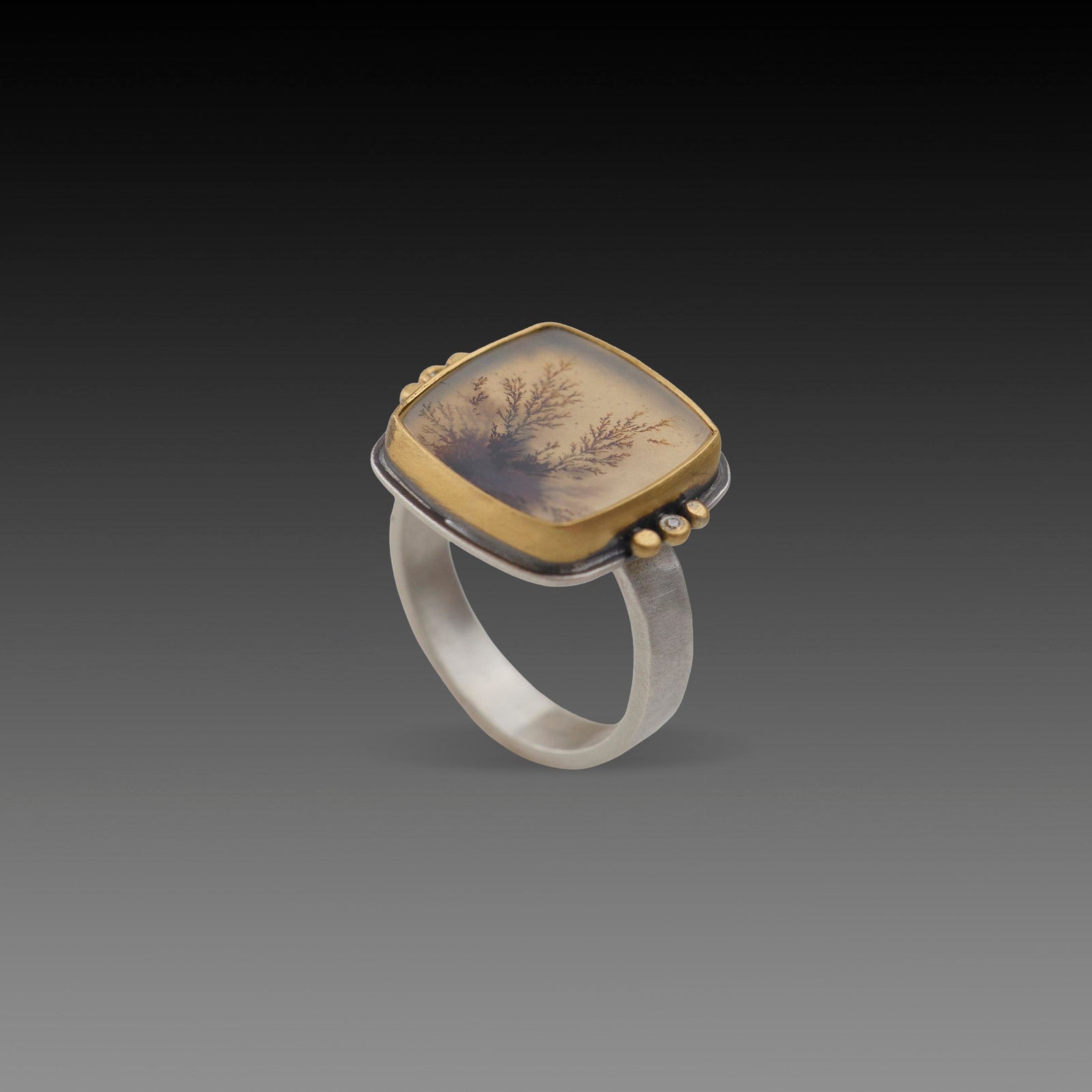 Dendritic Agate Ring with Gold Trios