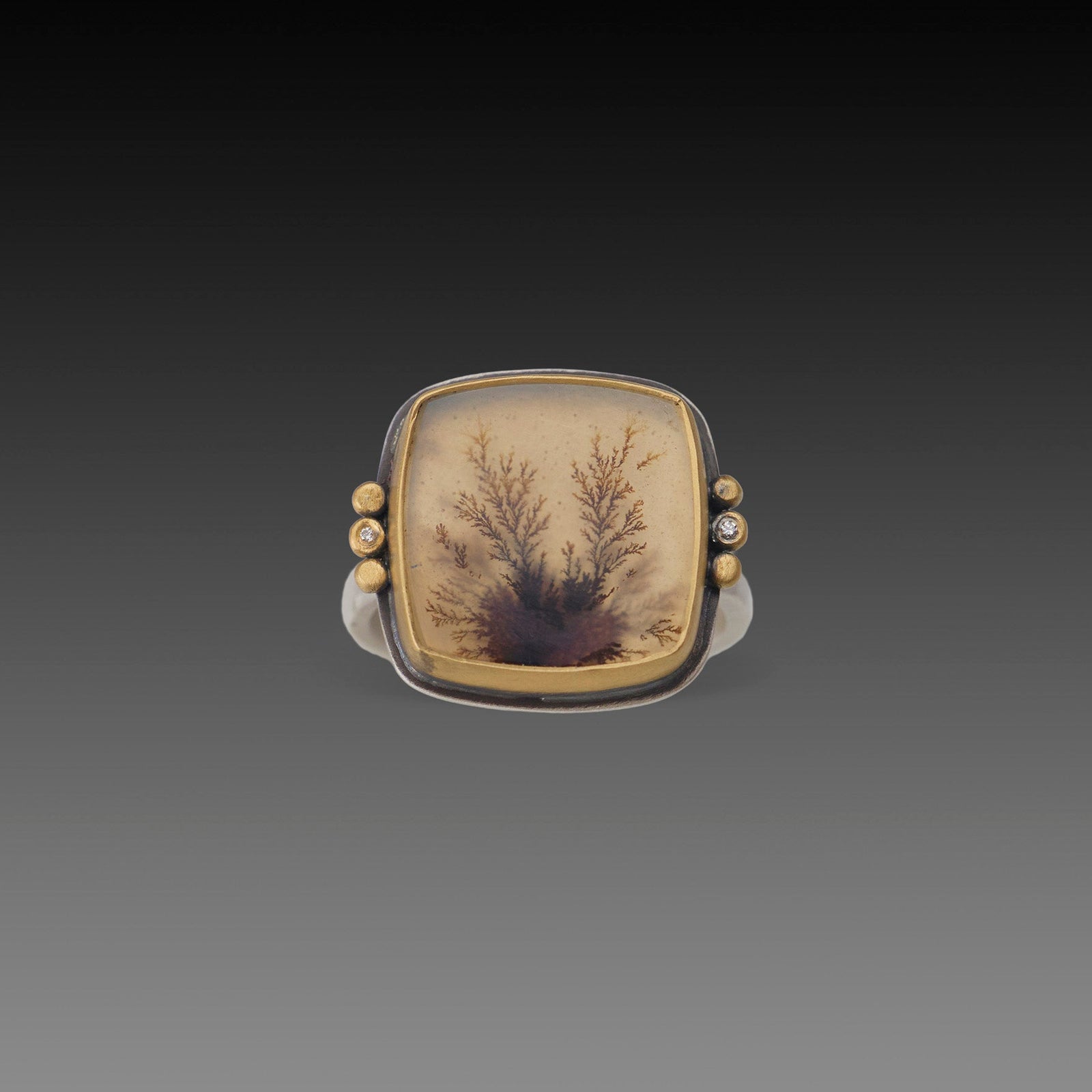 Dendritic Agate Ring with Gold Trios