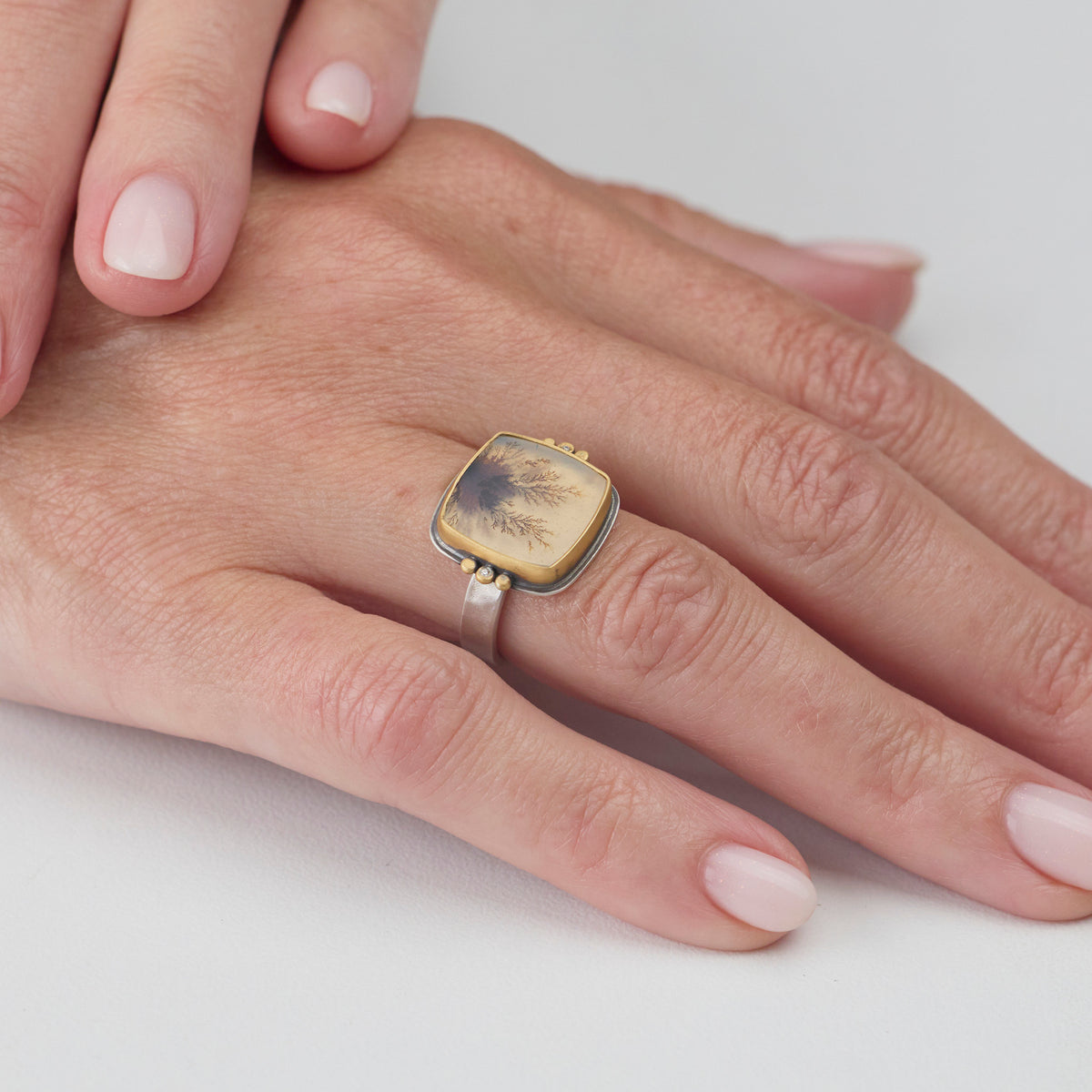 Dendritic Agate Ring with Gold Trios