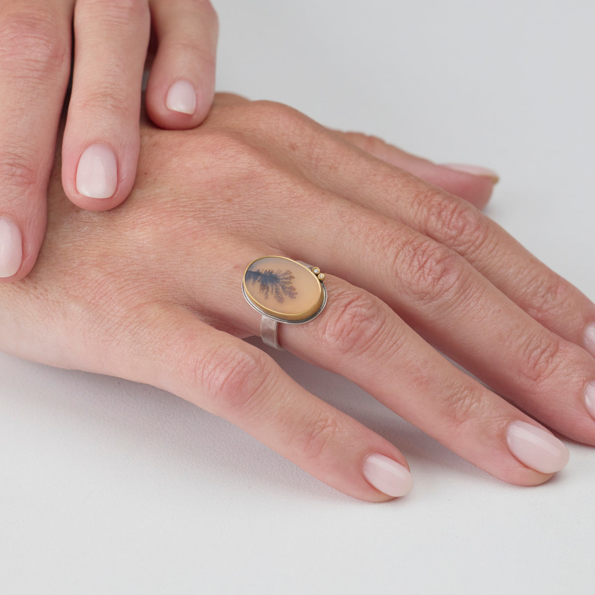 Dendritic Agate Ring with Diamond Duo