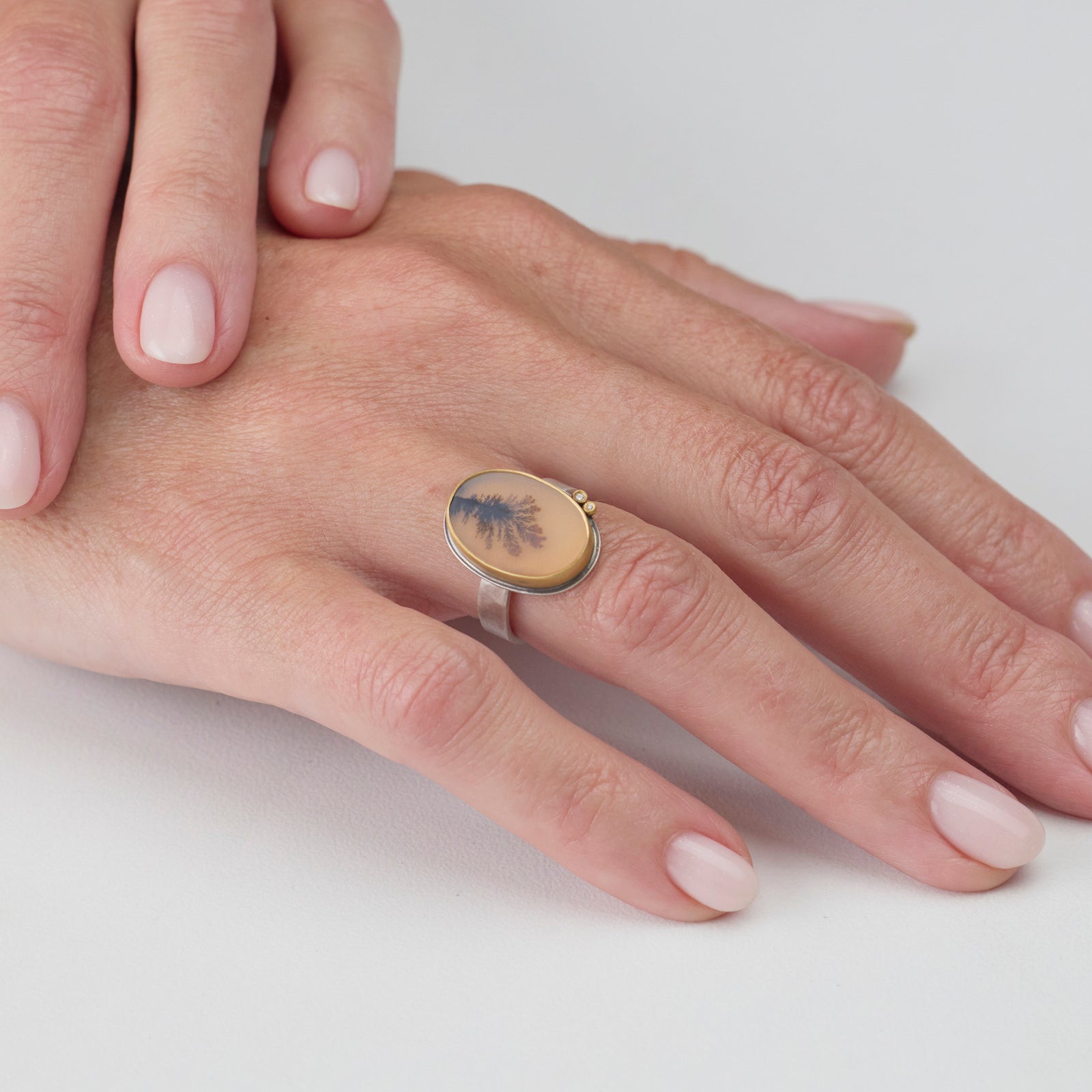 Dendritic Agate Ring with Diamond Duo