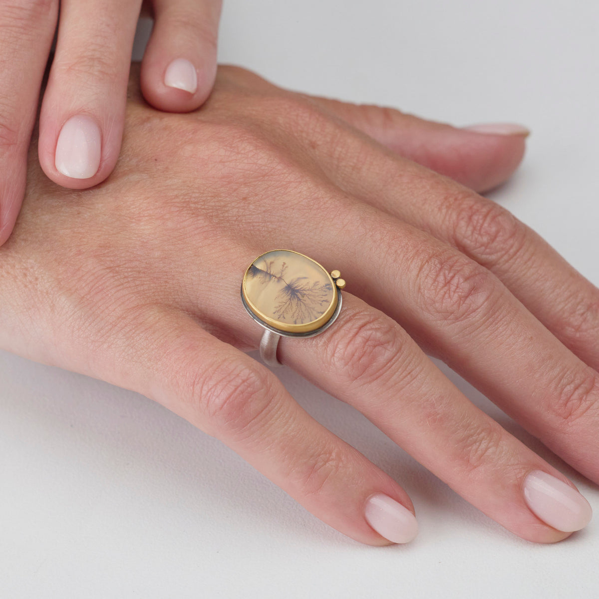 Dendritic Agate Ring with Gold Dots