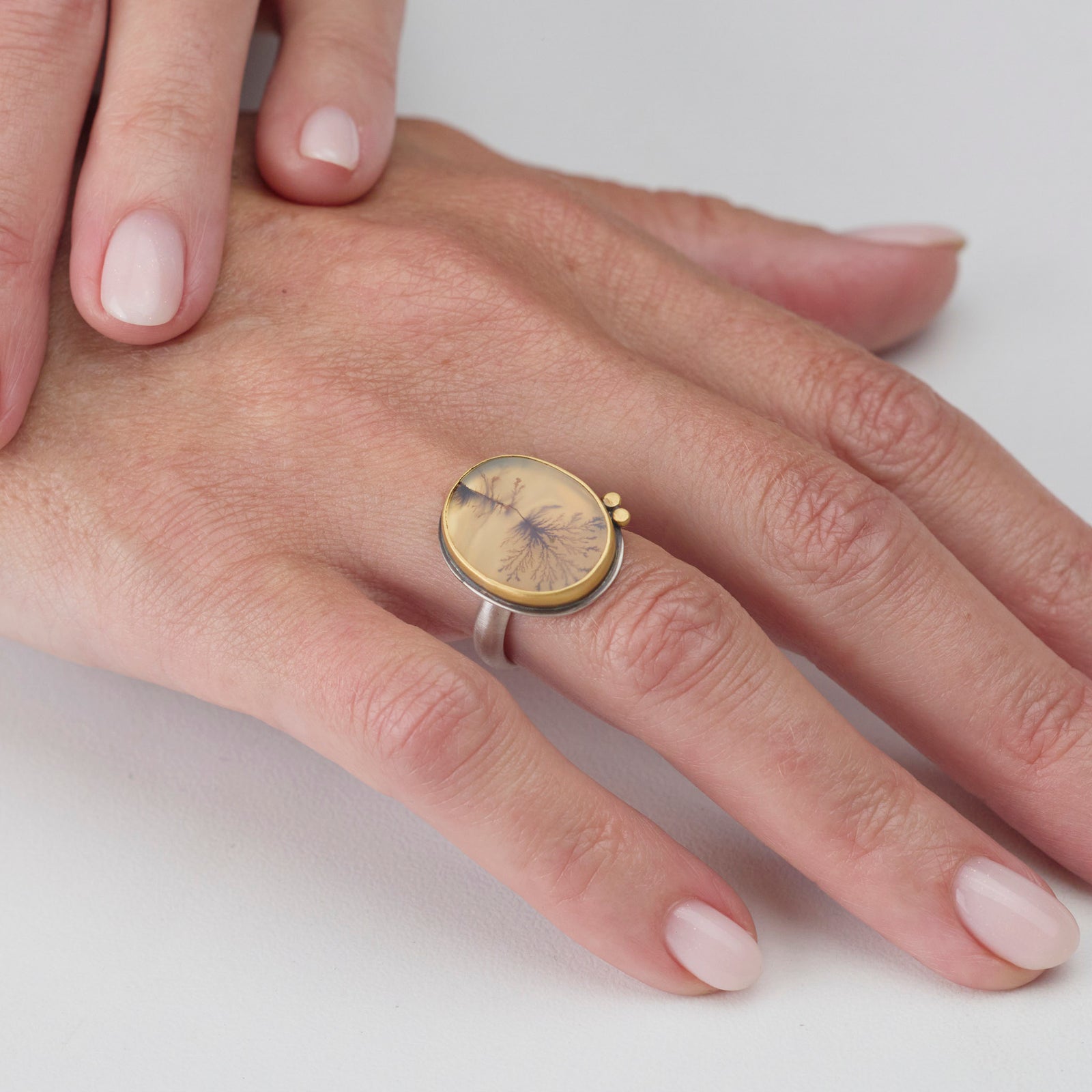 Dendritic Agate Ring with Gold Dots