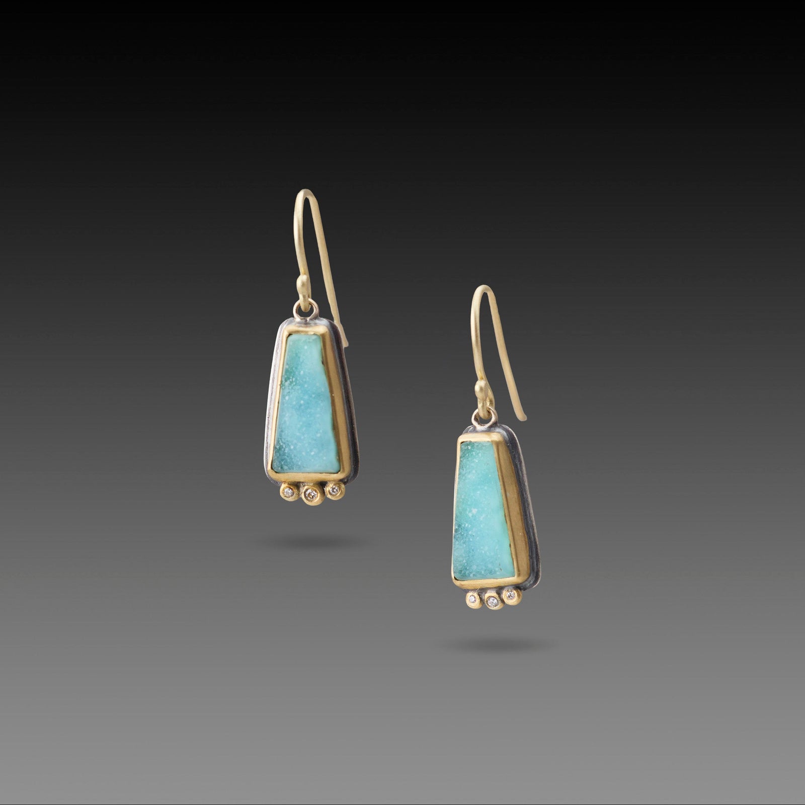 Chrysocolla Druzy Earrings with Diamond Trio
