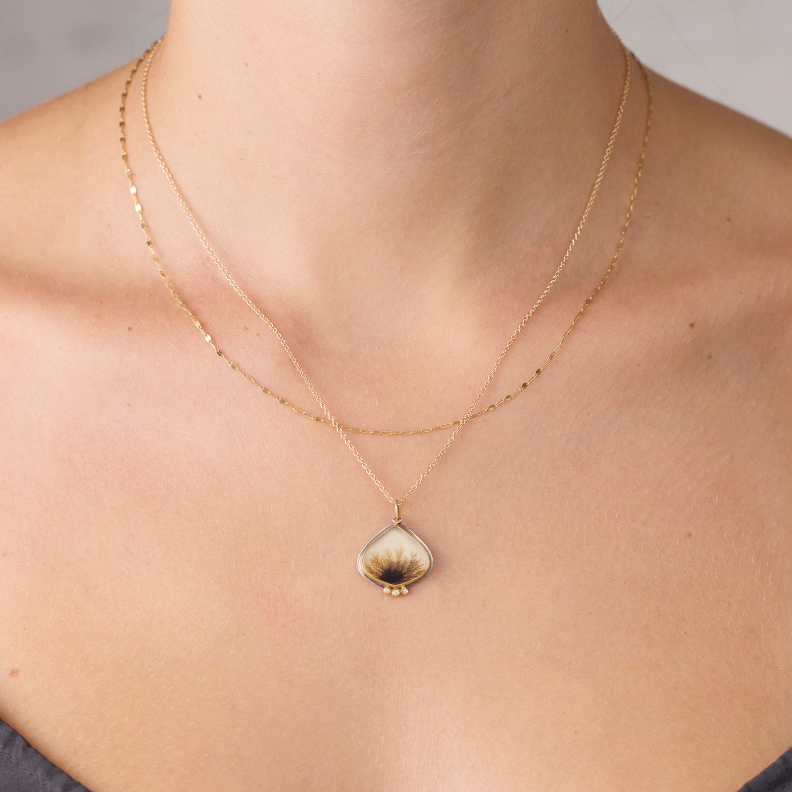 Dendritic Agate Necklace with Diamond Trio