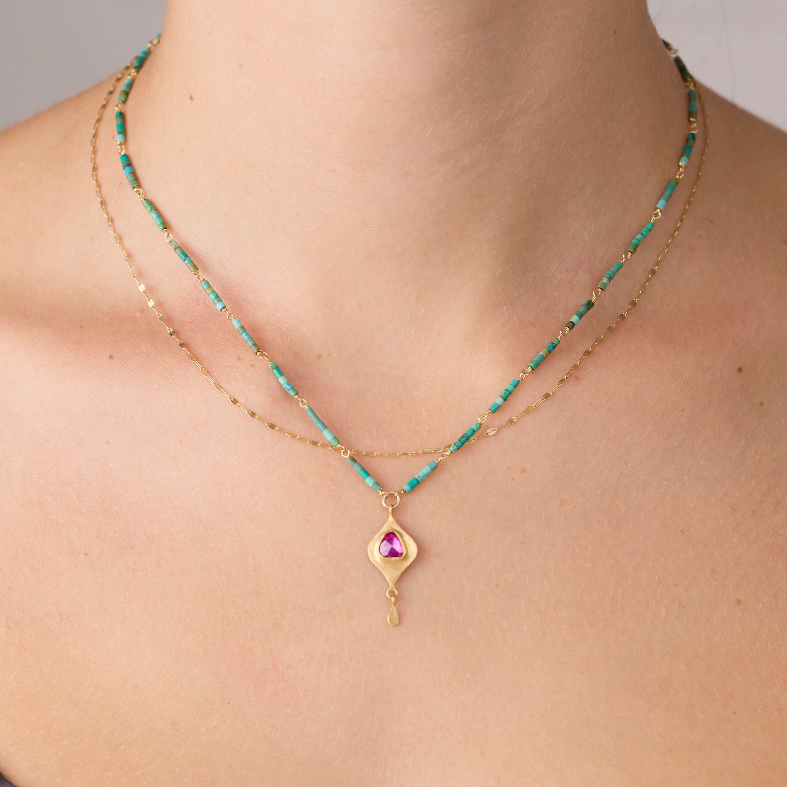 Turquoise Beaded Necklace with Ruby Pendant