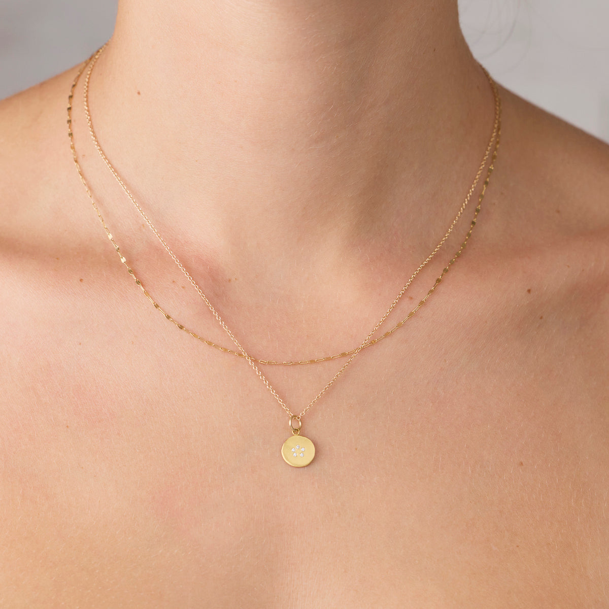 Gold Disk Necklace with Diamond Circle