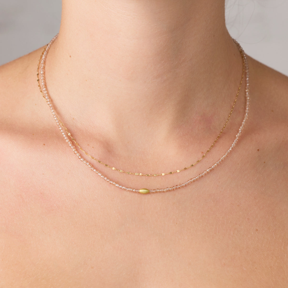 Pink Zircon Necklace with Gold Rice Bead