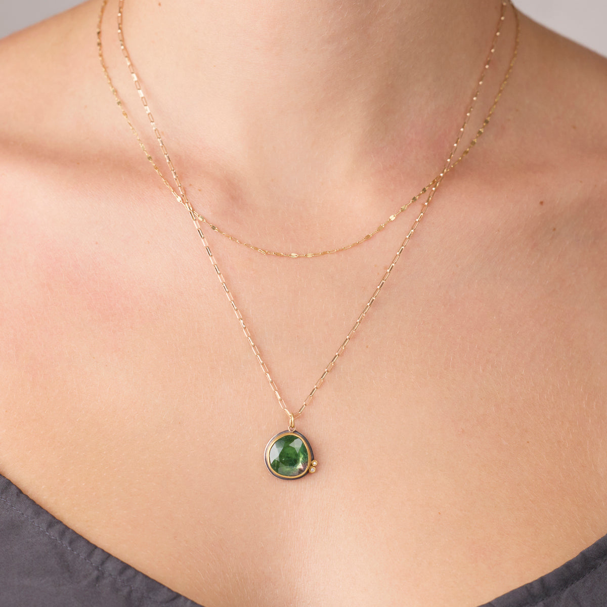 Round Watermelon Tourmaline Necklace with Diamond Duo