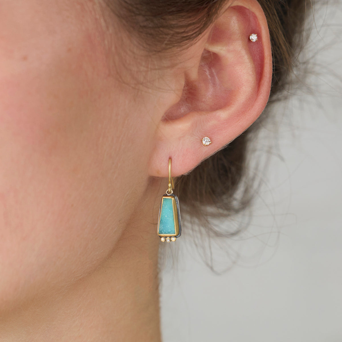 Chrysocolla Druzy Earrings with Diamond Trio