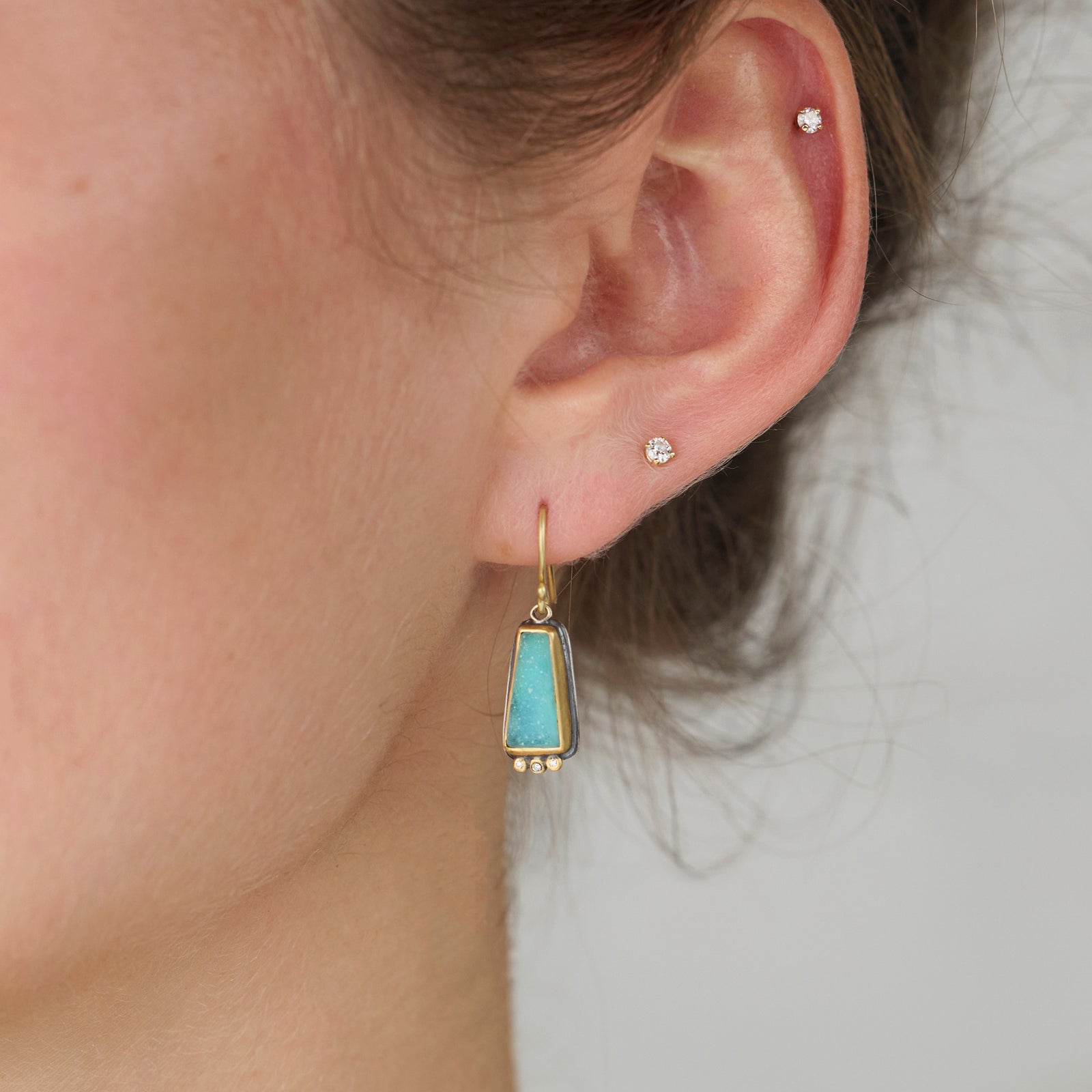 Chrysocolla Druzy Earrings with Diamond Trio