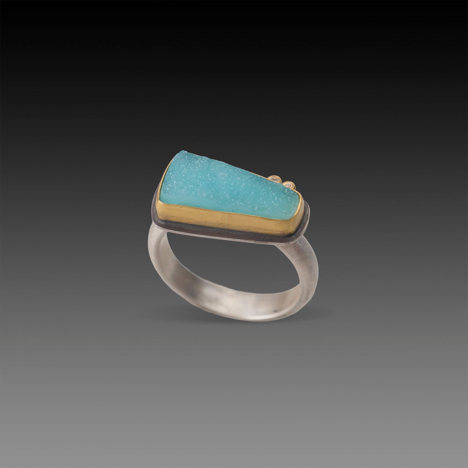 Chrysocolla Druzy Ring with Two Diamonds
