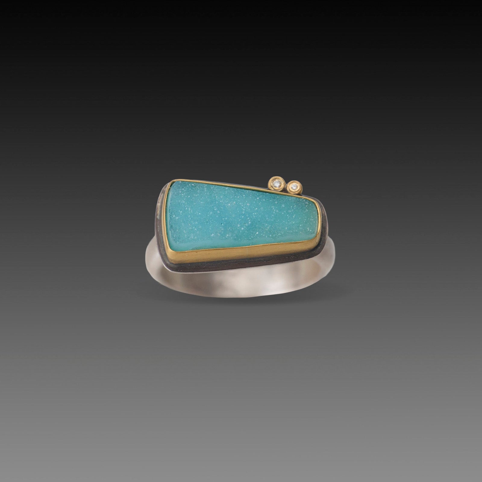 Chrysocolla Druzy Ring with Two Diamonds