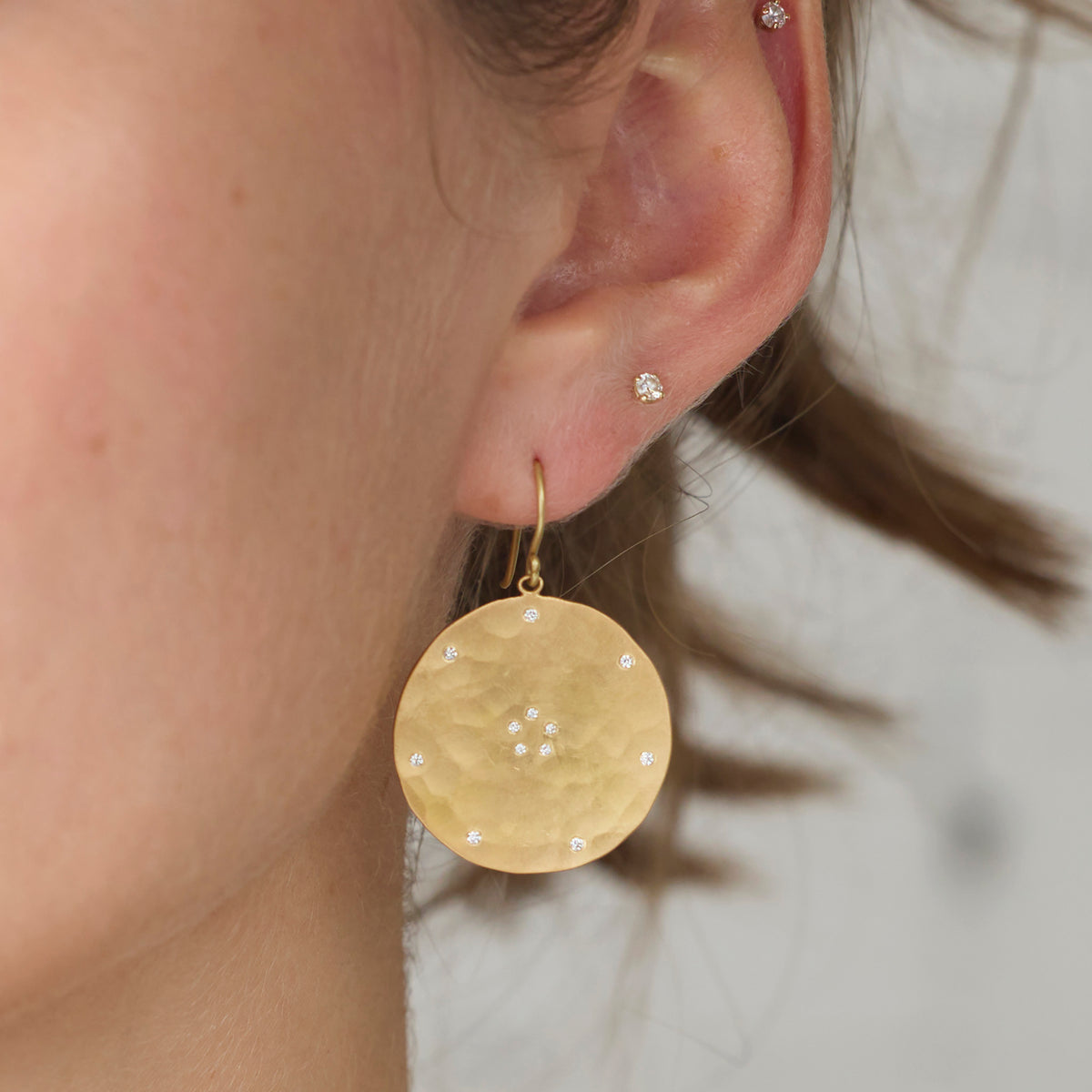 Hammered Disk Earrings with Diamonds
