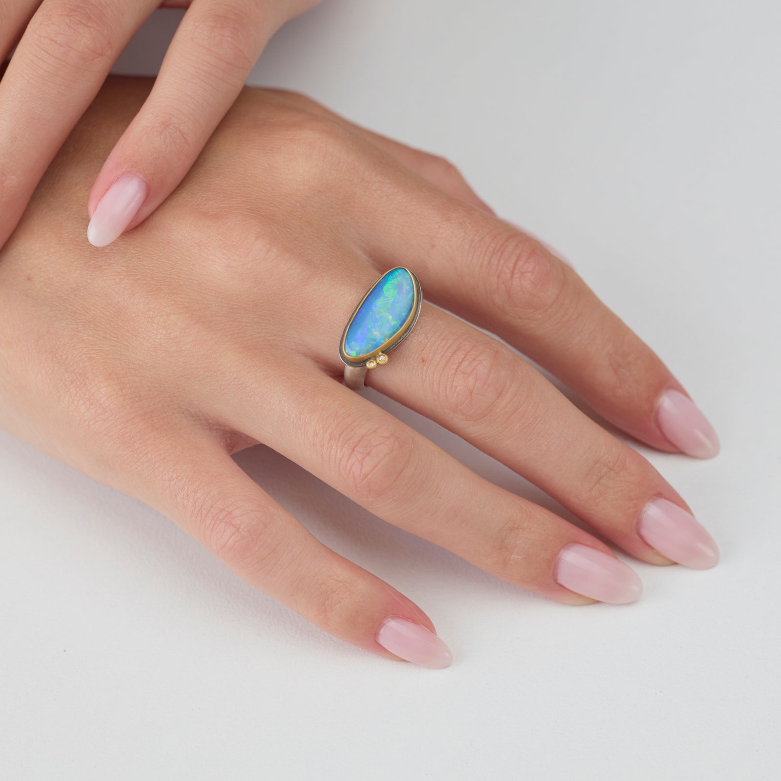 Australian Opal Ring with Diamond Duo