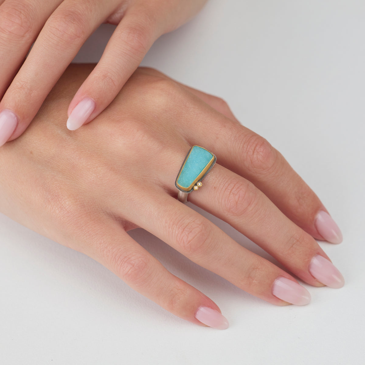 Chrysocolla Druzy Ring with Two Diamonds