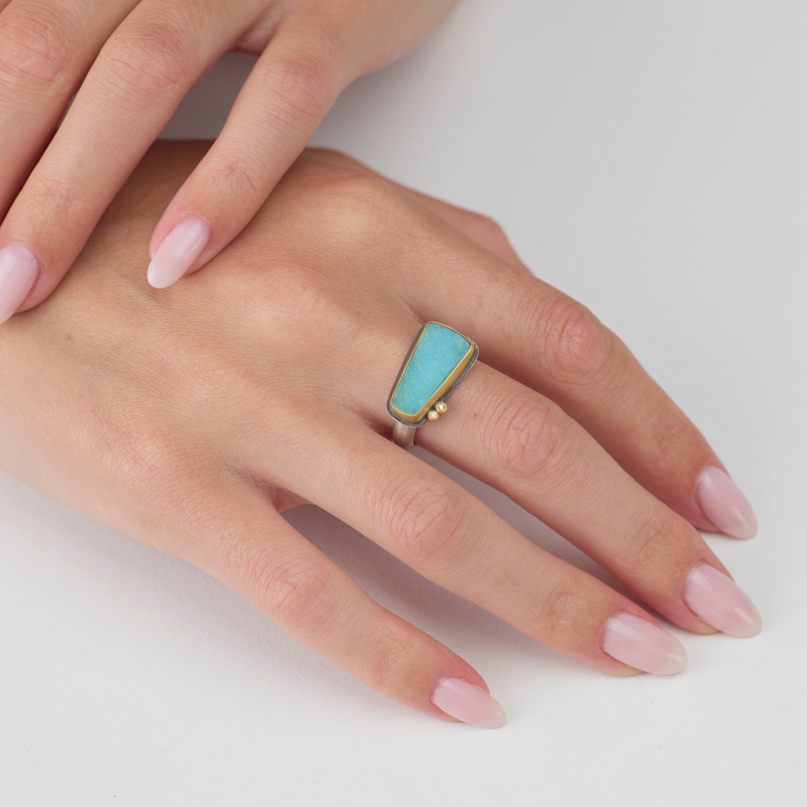 Chrysocolla Druzy Ring with Two Diamonds