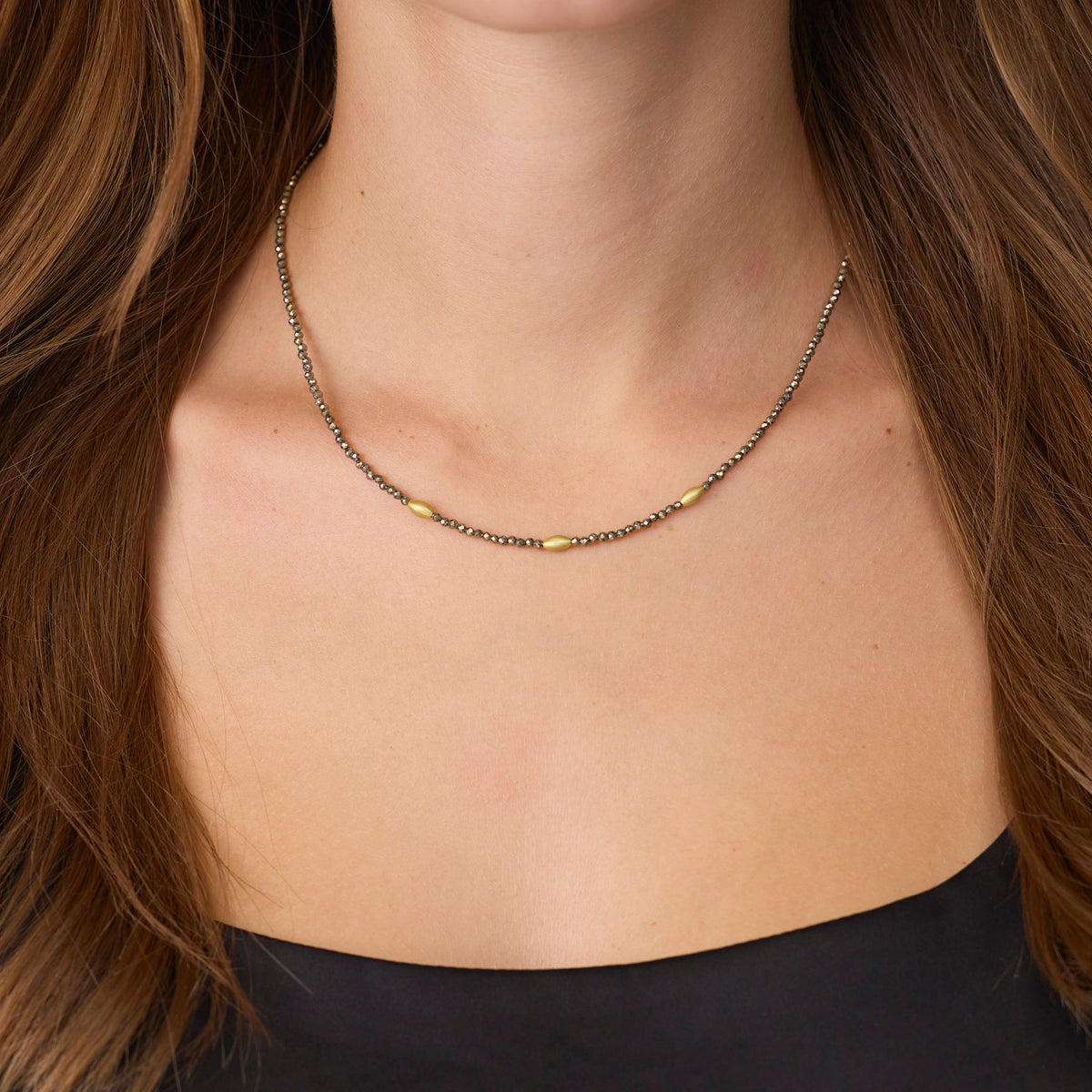 Pyrite Necklace with Gold Rice Beads