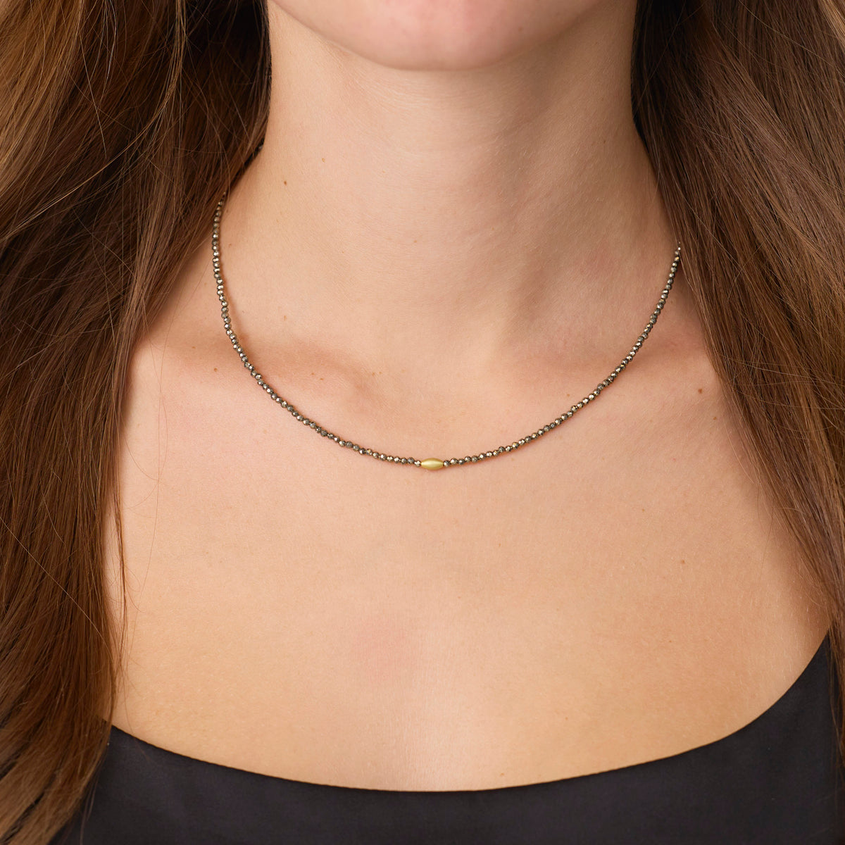 Pyrite Necklace with Gold Rice Bead